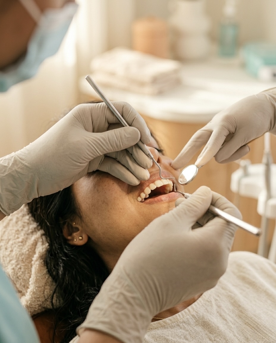 Warm clinical detail — careful hands and instruments at the dental chair
