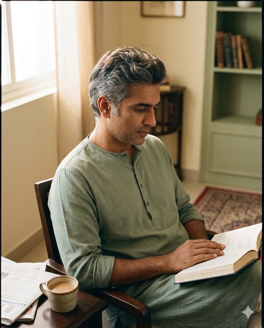 A man in warm afternoon light — restored hair, restored ease